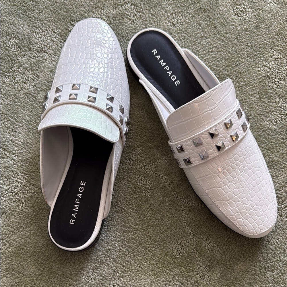 Rampage White Croc-Embossed Mules with Stud Accents